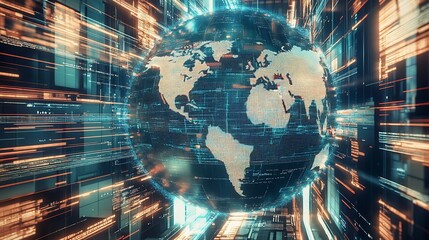 Dynamic view of a spinning globe filled with data streams symbolizing the integration of technology and communication : Generative AI