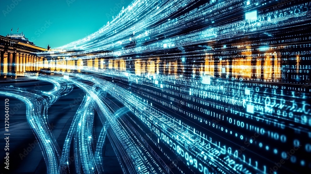 Aufkleber Stunning digital art featuring motion blur capturing the essence of data and technology in a vibrant cityscape : Generative AI