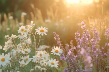 Golden Hour Meadow: Daisies and Lavender bathed in Sunset's Embrace