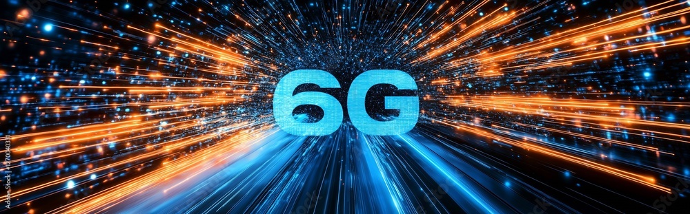 Poster futuristic representation of 6g technology showcased with vibrant light trails and a sleek design : 