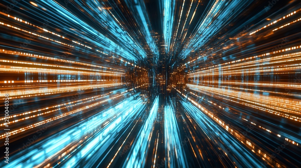 Poster dynamic and futuristic light trail design in vibrant blue and orange colors : generative ai