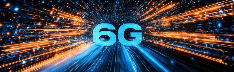 Futuristic representation of 6G technology showcased with vibrant light trails and a sleek design : Generative AI