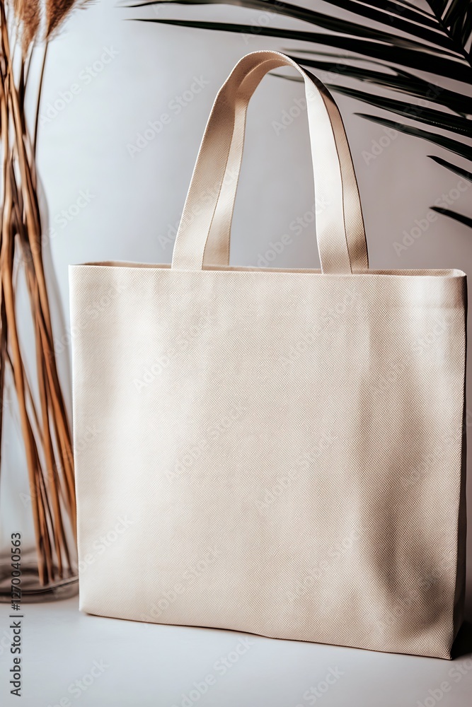 Poster chic beige tote bag positioned elegantly with foliage accents and simple styling : generative ai