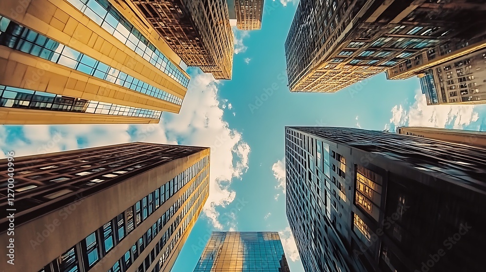 Poster expansive view of tall buildings with bright blue sky and whimsical clouds above : generative ai