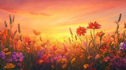 Vibrant floral field bathed in the warm hues of sunset, a peaceful scenery