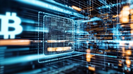 Futuristic blockchain technology interface with a prominent Bitcoin symbol representing digital currency concepts : Generative AI