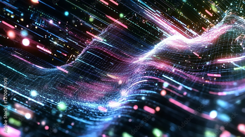 Poster Colorful abstract digital background with flowing lights and lines representing data streams and technology : Generative AI
