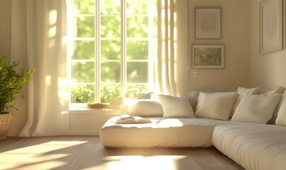 Minimalist living room setup with clean beige furniture, soft throw pillows, and bright sunlight streaming in.