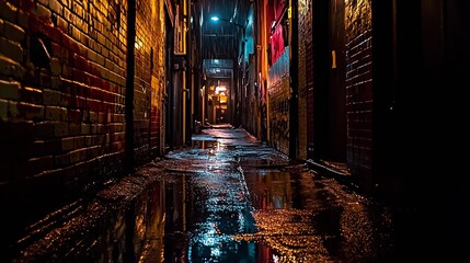 Misty evening in an urban alley with reflections from neon signs on wet pavement : Generative AI
