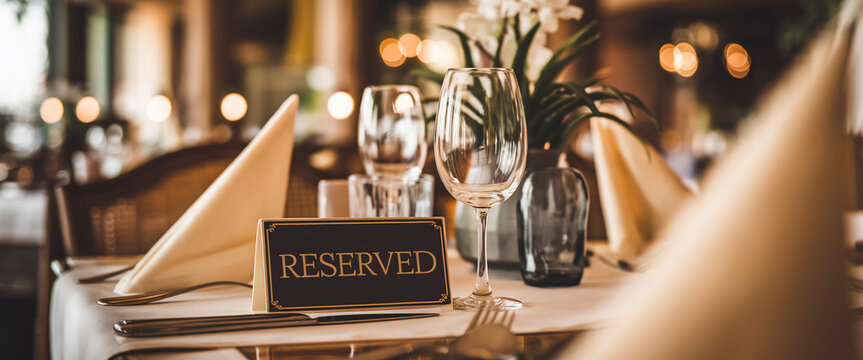 A warm and inviting close-up of a restaurant table with a reserved sign, elegant glassware, and a cozy atmosphere, symbolizing fine dining and hospitality.