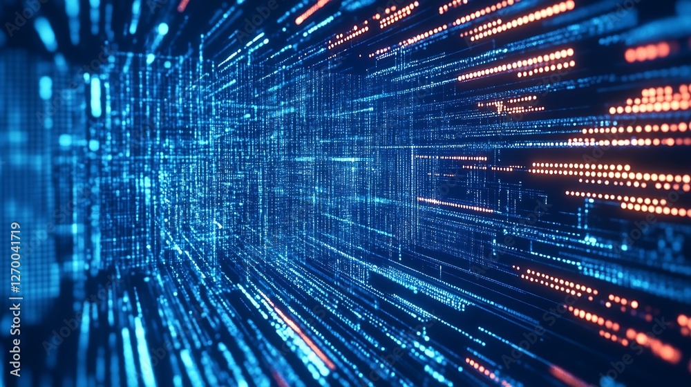 Aufkleber Dynamic perspective view of glowing lines and data flowing through a high-tech digital tunnel : Generative AI