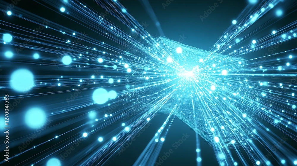 Poster Intricate network of blue light beams converging towards a center illustrating digital connections and technology : Generative AI