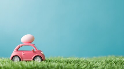 Fototapeta premium Red toy car carrying easter egg driving on green grass against blue background with copy space. Spring holiday concept for greeting cards and decorations