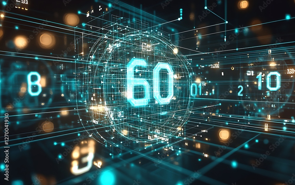 Poster Futuristic digital abstract with glowing numbers and data streams representing technology and innovation : Generative AI