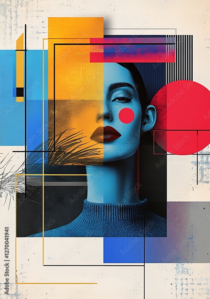 Poster striking abstract portrait of a woman with a modern twist featuring geometric elements and bold colo