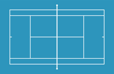 Tennis court top view vector, cyan color, minimalistic diagram style illustration