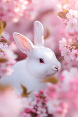 Fototapeta premium White rabbit among blooming pink cherry blossoms in spring garden. Easter bunny portrait in sakura flowers. Natural seasonal background with copy space for greeting cards