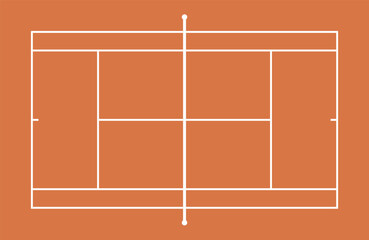 Clay tennis court top view with white boundary lines on an orange background, illustrating singles and doubles playing areas. Vector