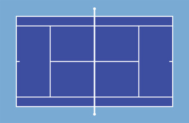 Top-view diagram of a blue tennis court layout with white boundary lines on a green background, illustrating singles and doubles playing areas. Vector