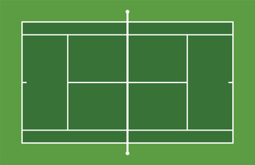 Simple top view of a tennis court layout with white boundary lines on a green background, illustrating singles and doubles playing areas - vector
