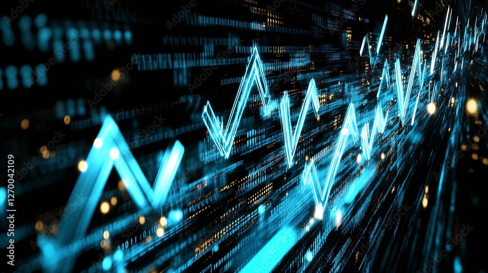 Poster Abstract representation of data trends with glowing lines illustrating stock market fluctuations : Generative AI