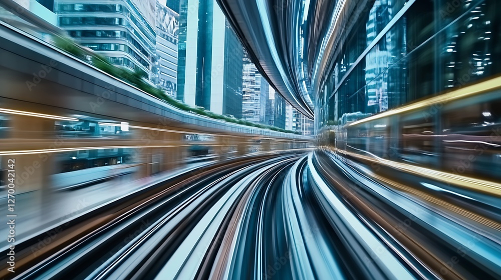 Poster Curved railway tracks with illuminated surroundings showing a modern office district in motion at night : Generative AI