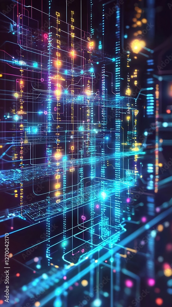 Fototapete Intricate illuminated network of circuits creating a mesmerizing digital tapestry in blue and orange colors : Generative AI