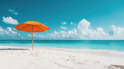 Bright Orange Umbrella on Serene Tropical Beach Under Blue Sky