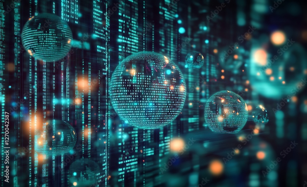 Poster Illuminated digital spheres in a vibrant matrix of data and binary code : Generative AI