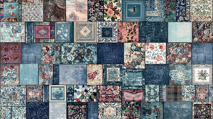 Blue floral patchwork textile collage, design resource, intricate patterns, vibrant colors, background texture