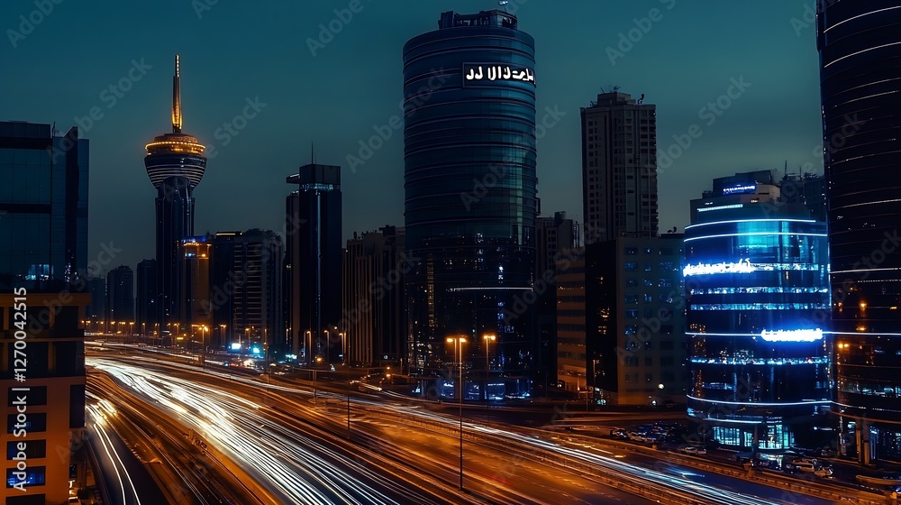 Poster dynamic urban landscape at dusk featuring skyscrapers and light trails from busy road : generative a