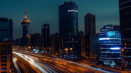 Obraz premium Dynamic Urban Landscape at Dusk Featuring Skyscrapers and Light Trails from Busy Road : Generative AI