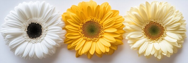 Vibrant Gerbera Daisies: A Trio of White, Yellow, and Cream Blooms