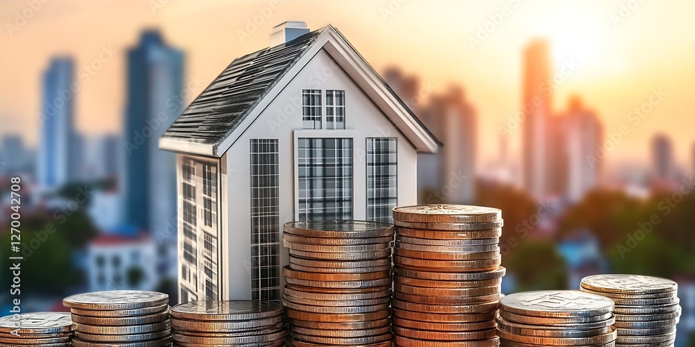 Poster stylish model house with stacks of coins emphasizing property value and investment potential in urba