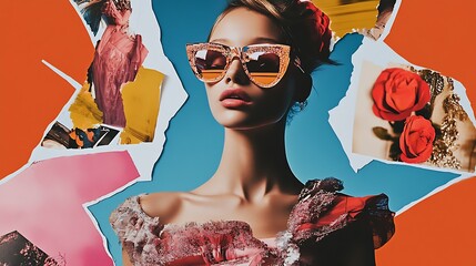 Glamorous woman posing in colorful sunglasses with artistic background and floral elements representing fashion : Generative AI