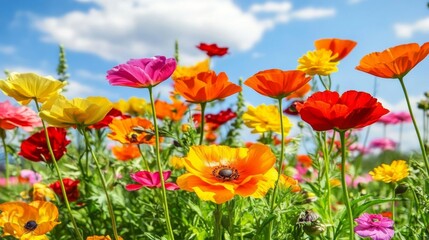 Obraz premium Vibrant Meadow of Colorful Flowers Under a Sunny Sky