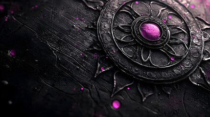 Dark ornate metal design, pink gemstone, textured background, fantasy art, website design