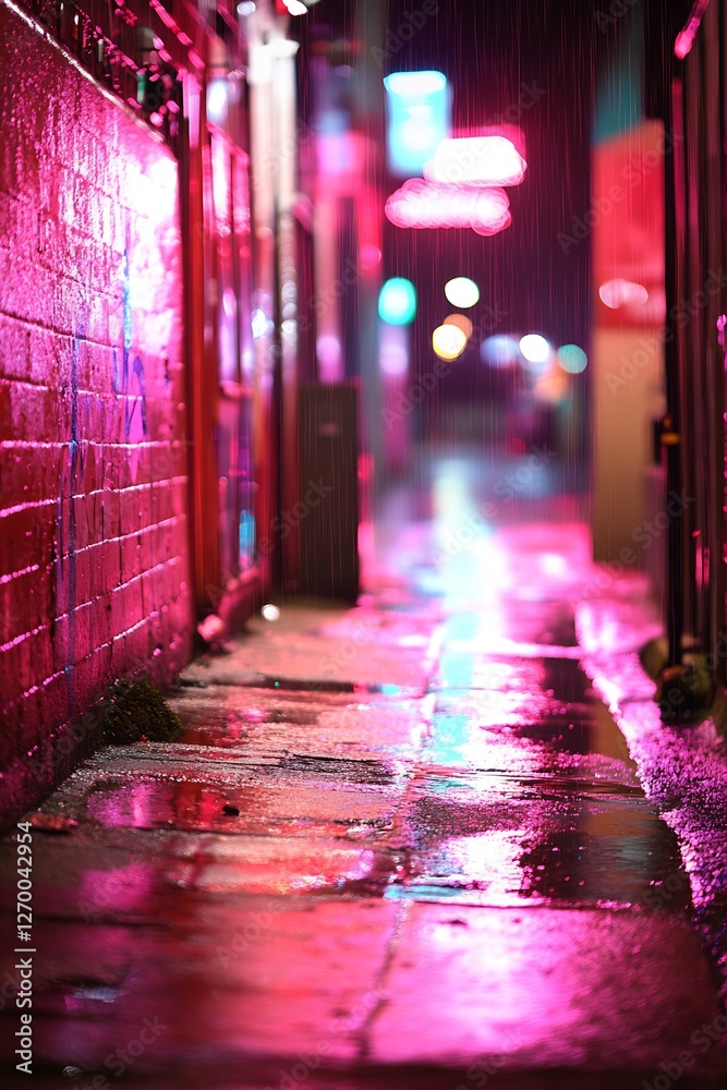 Poster charming wet alleyway illuminated by vibrant neon lights creating a colorful urban scene at night : 