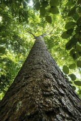 Fototapeta premium Photography expeditions through dense forests revealing majestic trees, soft sunlight dancing on leaves, and intricate patterns of bark and greenery.