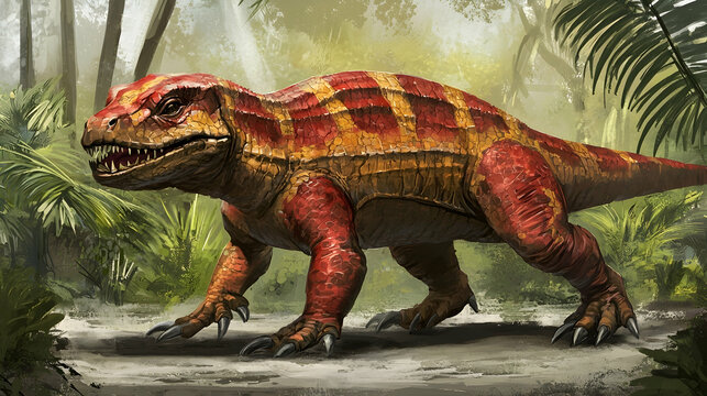 Prehistoric reptile walking jungle; vibrant colors, lush background; ideal for educational materials