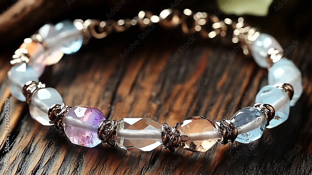 Poster Stylish bracelet with assorted gemstones and intricate wire design on a rustic wooden table : Generative AI