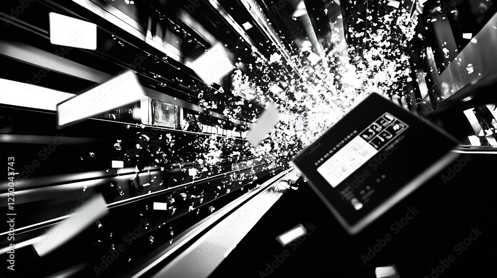Fototapete Aesthetic abstract graphic depicting flying elements from a card in a dynamic cityscape : Generative AI