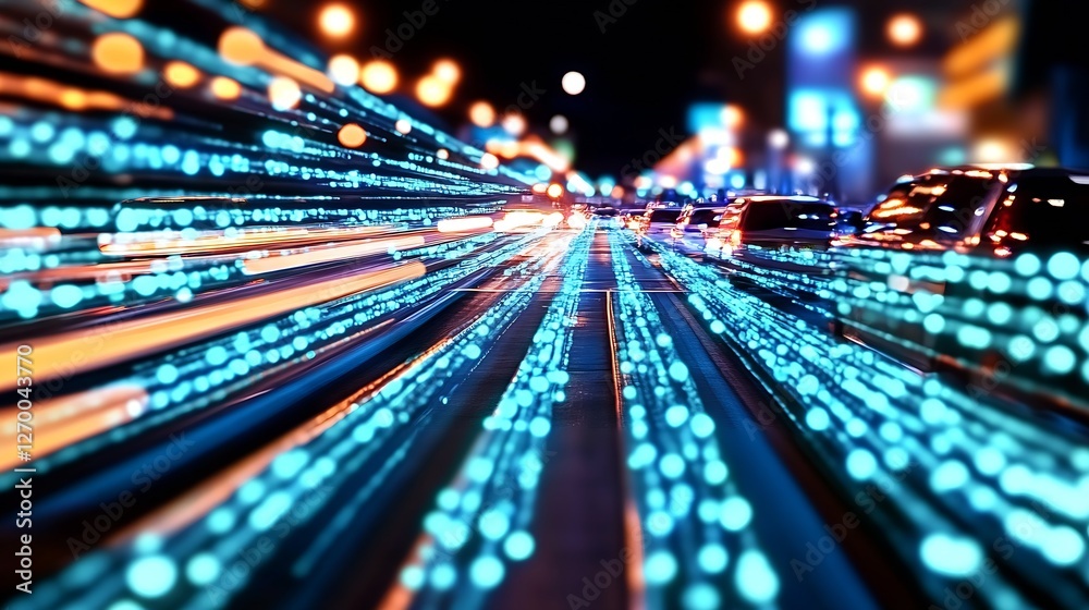 Aufkleber dynamic cityscape at night with vibrant colorful lights and moving cars creating a fast-paced urban 