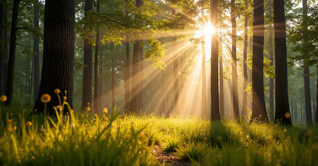 Obraz premium Sunlight breaking through trees in a serene forest nature photography calm environment natural beauty