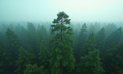 Fototapeta premium Misty forest landscape evergreen trees aerial view nature photography serene environment