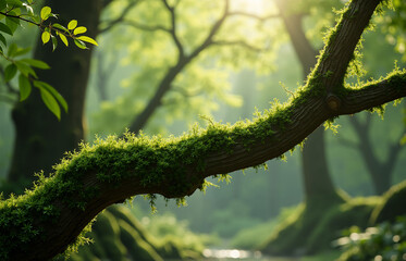 Fototapeta premium Moss-covered tree branch serene forest nature photography lush environment close-up view tranquility concept