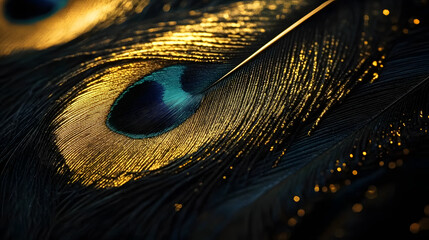Stylish dark feather texture background. Colorful peacock feathers, Shallow Dof. Peacock feather , close up of black and gold feathers background. Top view