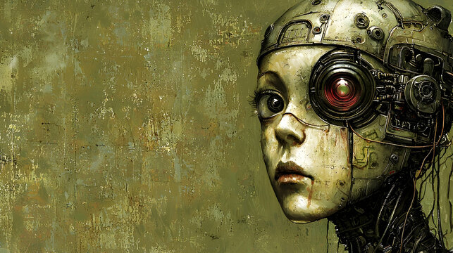 Futuristic girl cyborg portrait;  grungy olive green background