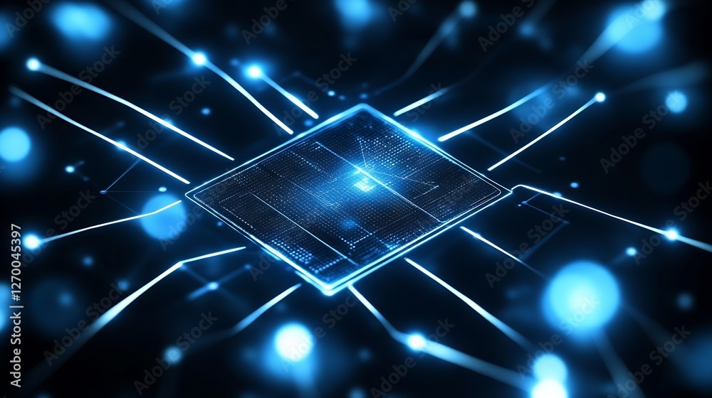 Aufkleber Dynamic abstract representation of a microchip surrounded by a network of glowing connections : Generative AI