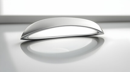 Sleek silver modern design object on reflective surface, bright window background, product mockup